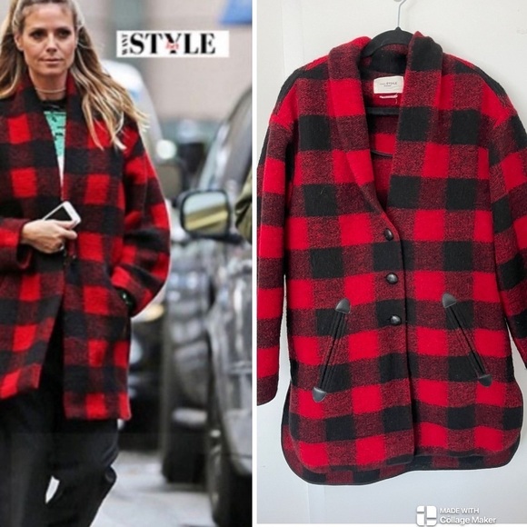Isabel Marant Etoile Gino wool blend Coat in black red plaid - Picture 1 of 8